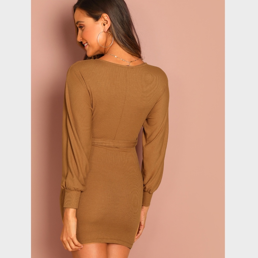 Camel V-Neck Self-Tie Belt Long Sleeve Mini Dress - Picture 3 of 7